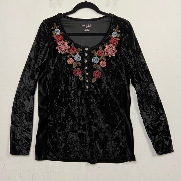 Fairycore Whimsigoth Witchy Black Floral Embroidered Velvet Top Size Medium - Picture 1 of 9